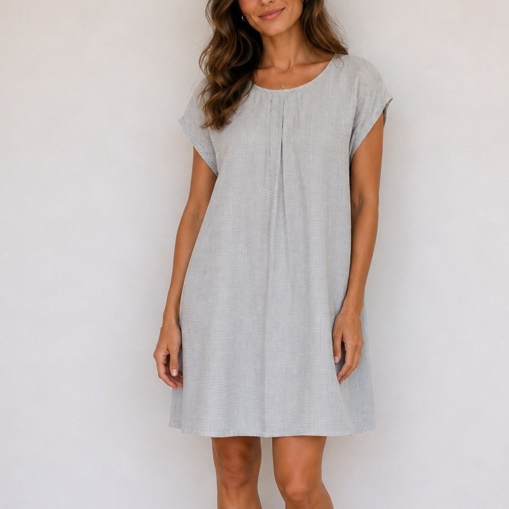 Eileen‎ Fisher Organic Linen Checkered Shift Dress Minimalist Coastal Old Money